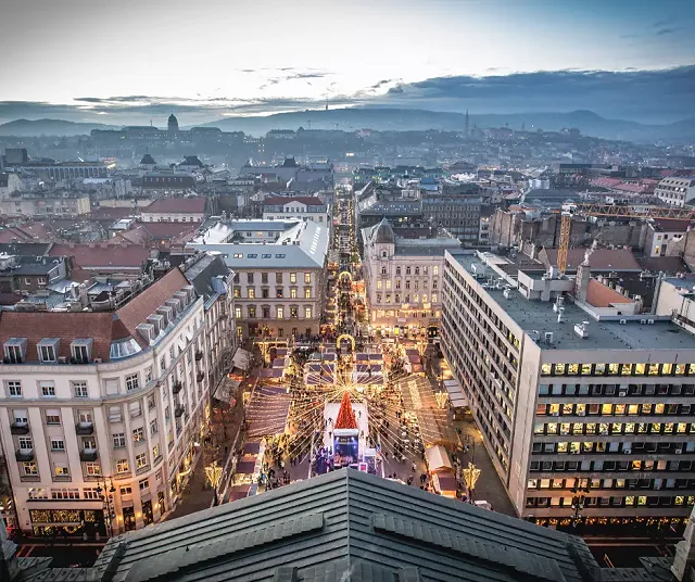a christmas market next to St Stephens Basilica in Budapest