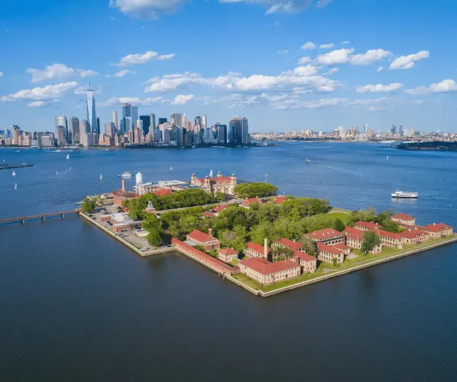 an aerial shot of ellis island