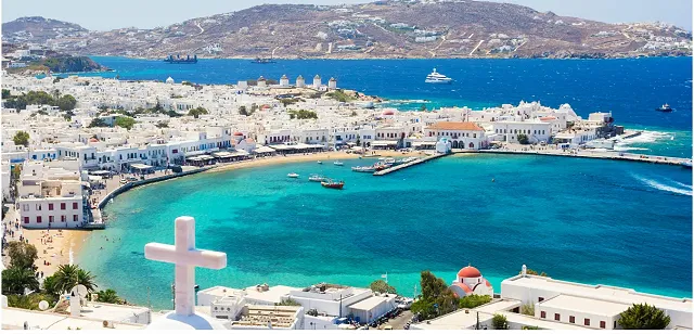 looking down on Mykonos Town