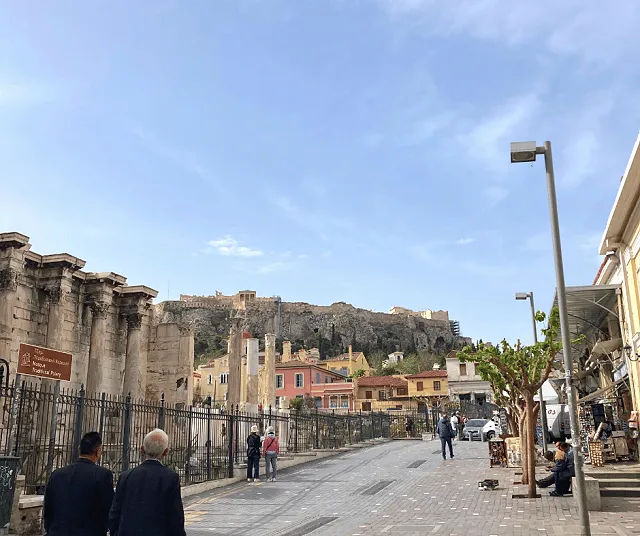 looking up at the acropolis from a street in plaka